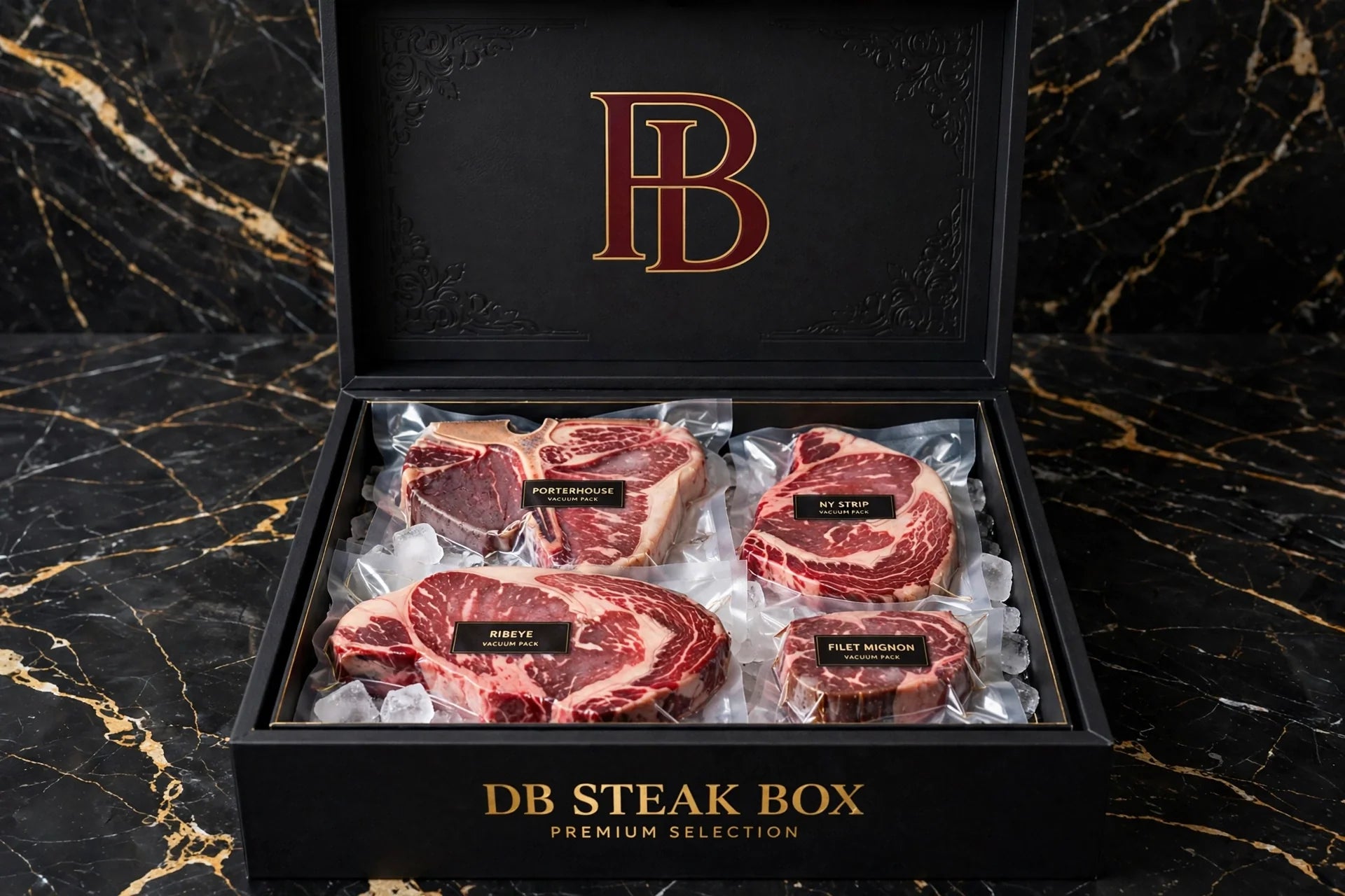 Prime Bulk Premium Beef - DB Steak Box open with Porterhouse, NY Strip, Ribeye, and Filet Mignon