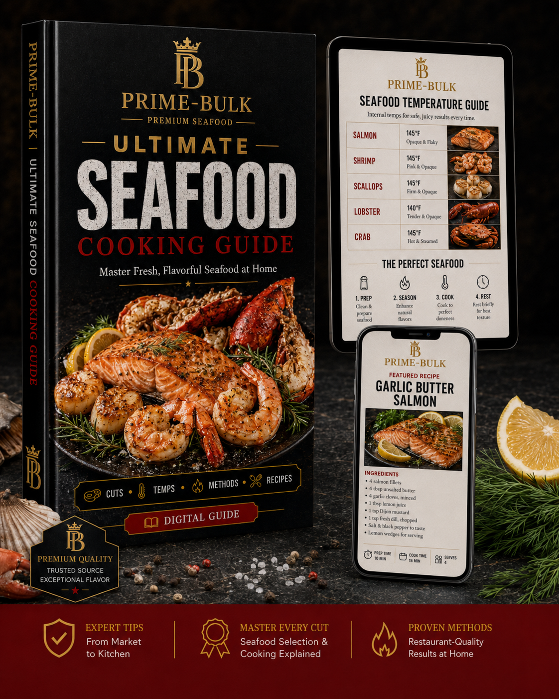 Prime-Bulk Ultimate Seafood Cooking Guide digital product mockup showing ebook, tablet, and mobile views