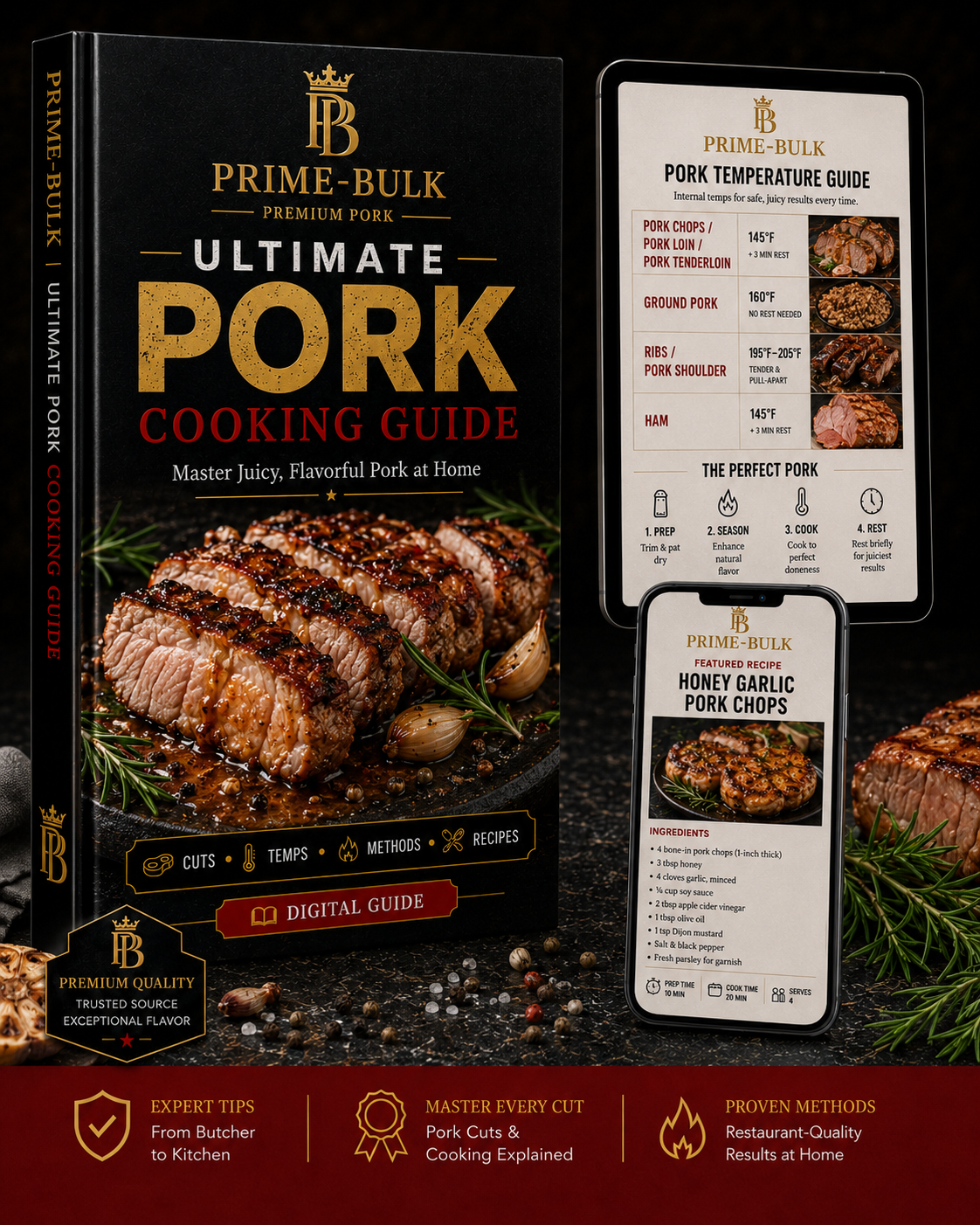 Prime-Bulk Ultimate Pork Cooking Guide digital product mockup showing ebook, tablet, and mobile views