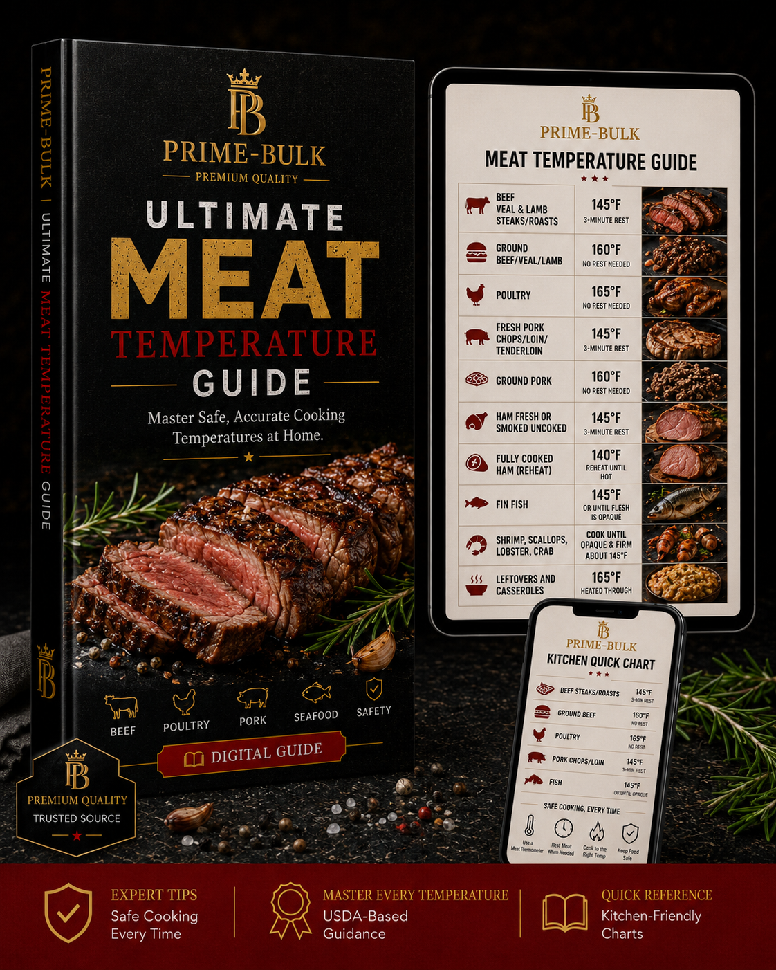 Prime-Bulk Ultimate Meat Temperature Guide digital product mockup showing ebook, tablet, and mobile views